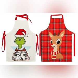 Dr. Seuss Christmas Grinch & Rudolph The Red Nosed Face Cooking Aprons 2Pack NWT